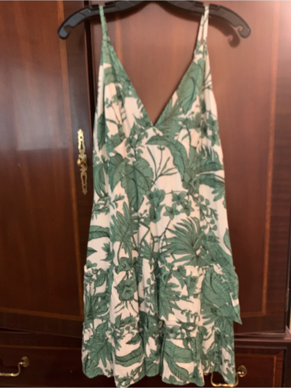Aqua Green Tropical Leaf Spaghetti Strap Dress
